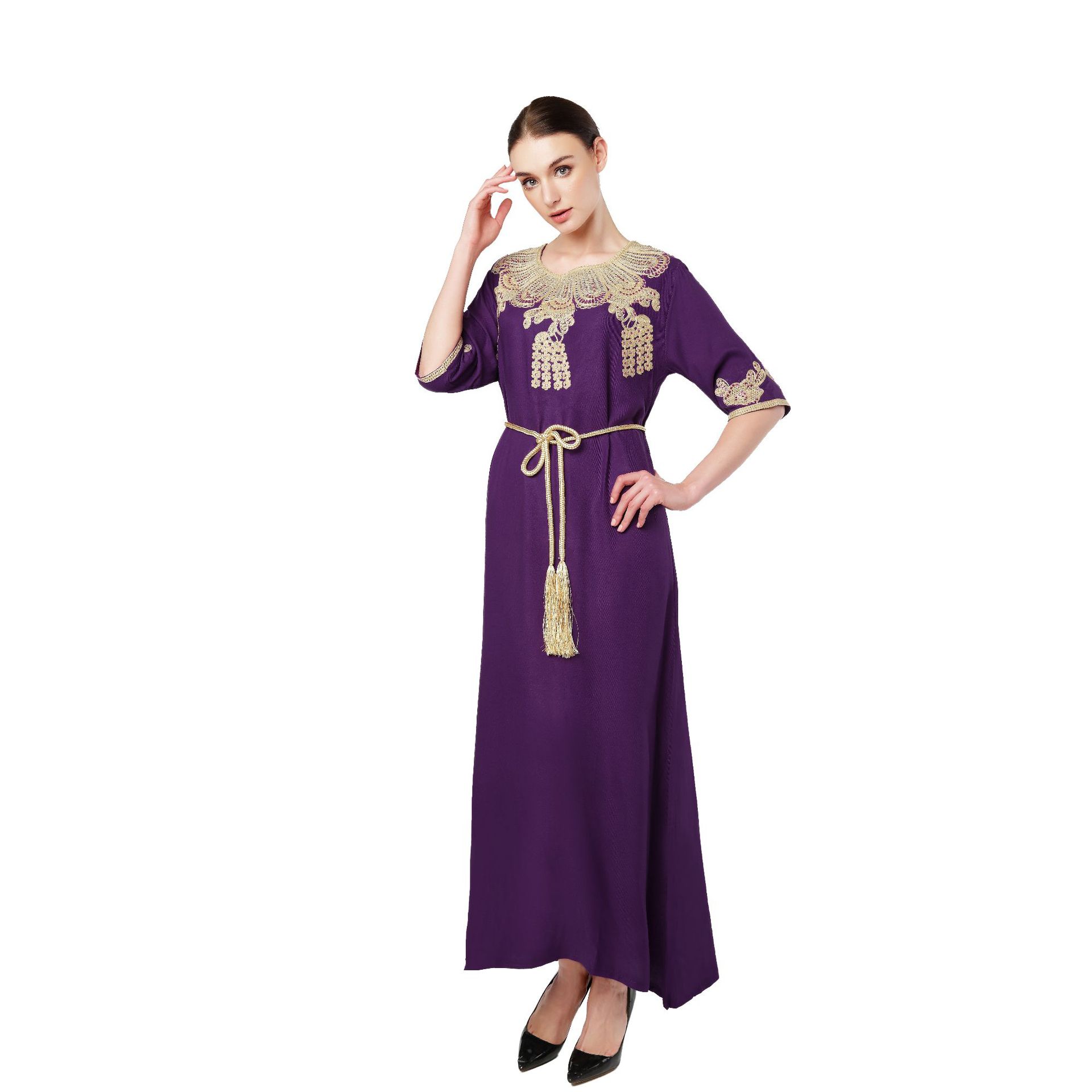Türkiye Muslim Women's Embroidery Lace up Short Sleeve Abaya Robe Dubai Swing Dress Middle East Style
