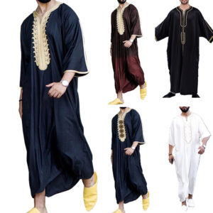 Summer men's wear, Arabian long robe, loose V-neck, short-sleeved, Middle East floral print, Muslim clothing for men