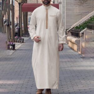 Men's long robe, long-sleeved embroidered stand collar, Arab loose-fitting men's Muslim long robe