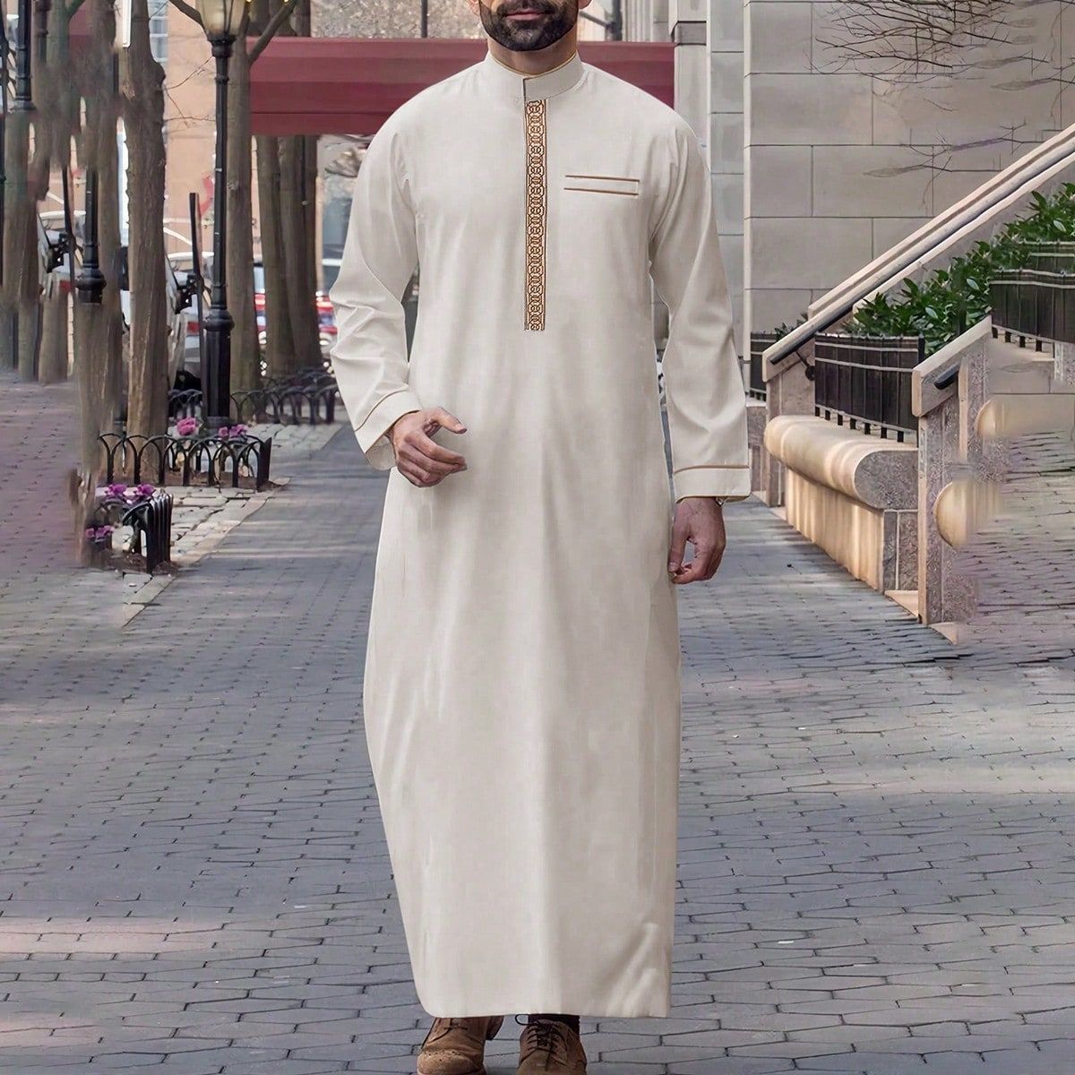 Men's long robe, long-sleeved embroidered stand collar, Arab loose-fitting men's Muslim long robe