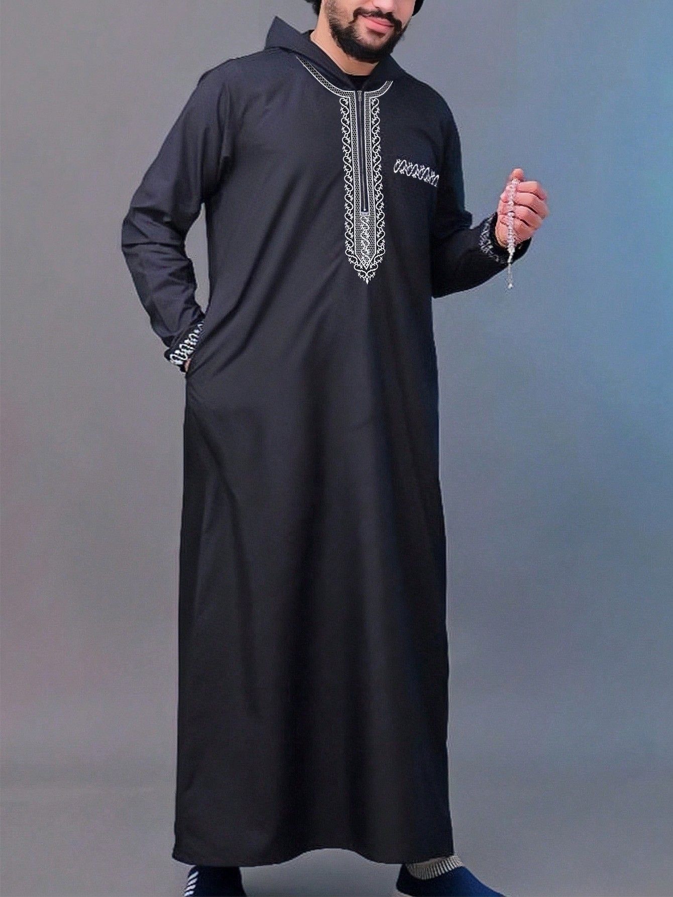 Men's loose-fitting hooded robe, luxurious men's embroidered long-sleeved Muslim clothing robe, Middle Eastern Jubasori