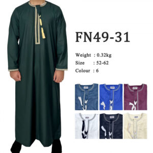 New stock pure color round neck embroidered coarse tassel Oman robe, Arab Saudi men's long-sleeved robe